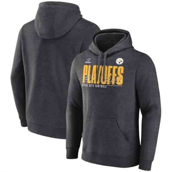 Men Pittsburgh Steelers Heather Charcoal 2024 Playoffs Fleece Pullover Hoodie